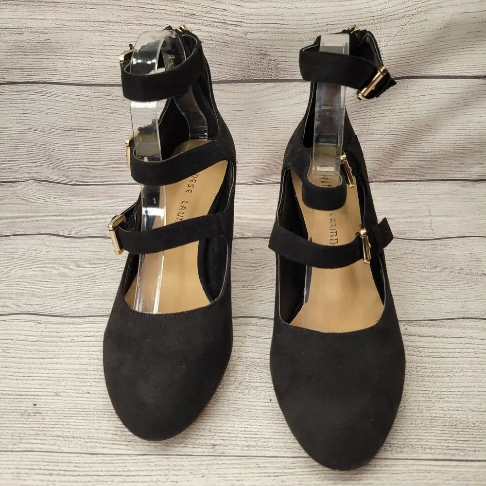 Chinese Laundry Black Suede Three Strap Mary Jane Pumps, 8.5